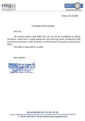 Сертификат дистрибьютора RM GAZ Control Sistemleri